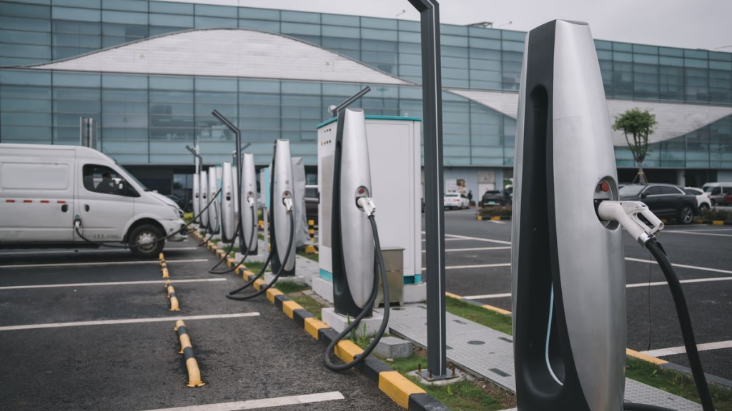 An EV parking lot with vehicles charging.